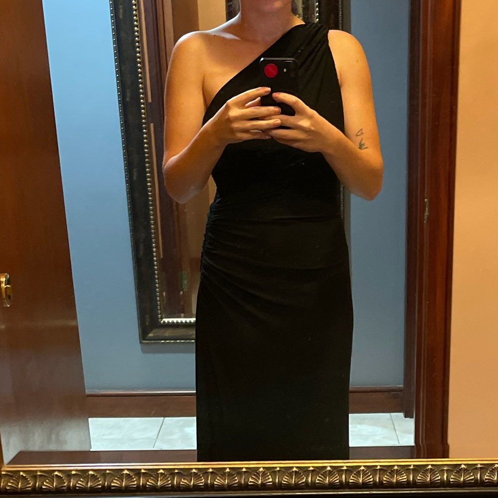 Black slinky draped prom dress